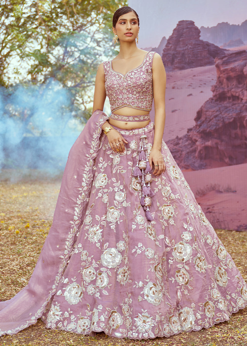 Lavender Purple Organza Lehenga Choli with Delicate Sequins Detailing