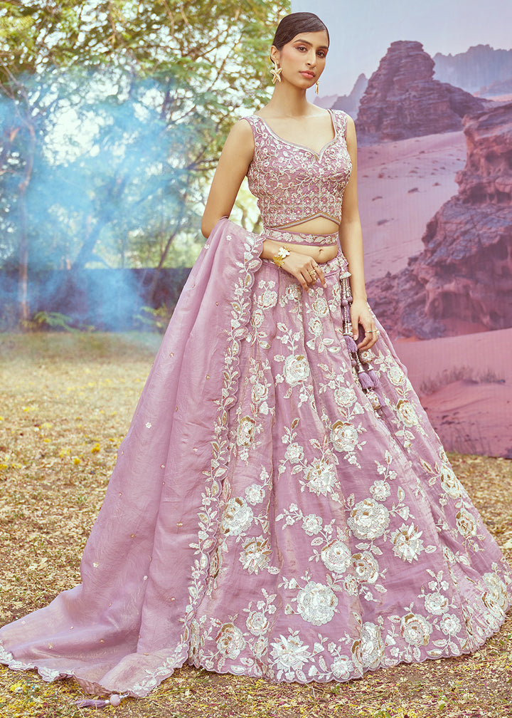 Lavender Purple Organza Lehenga Choli with Delicate Sequins Detailing