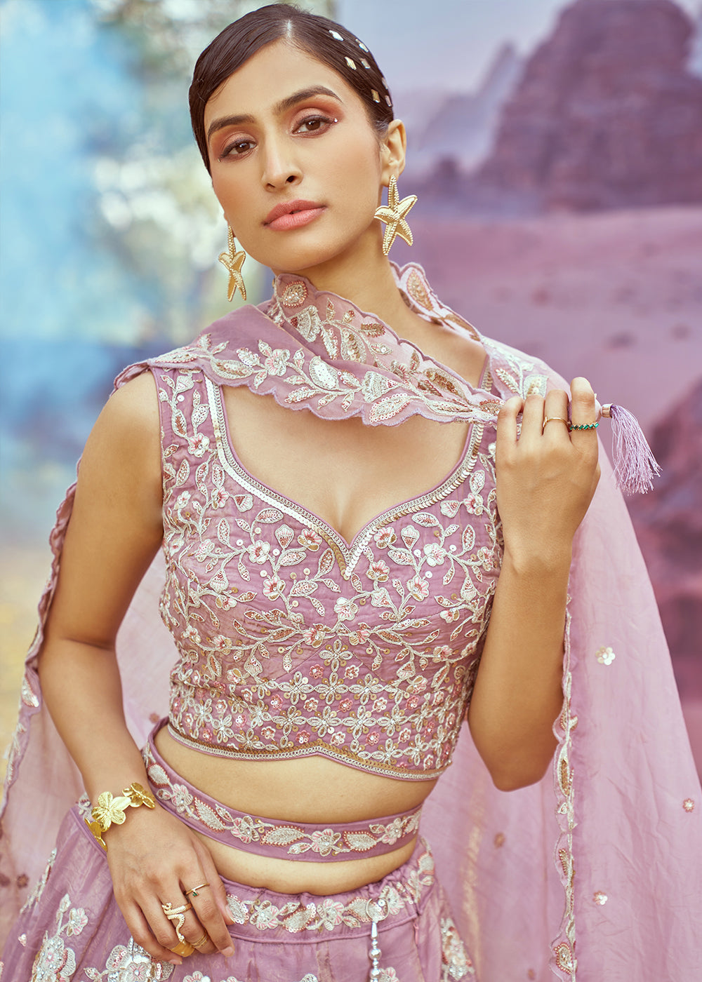 Lavender Purple Organza Lehenga Choli with Delicate Sequins Detailing