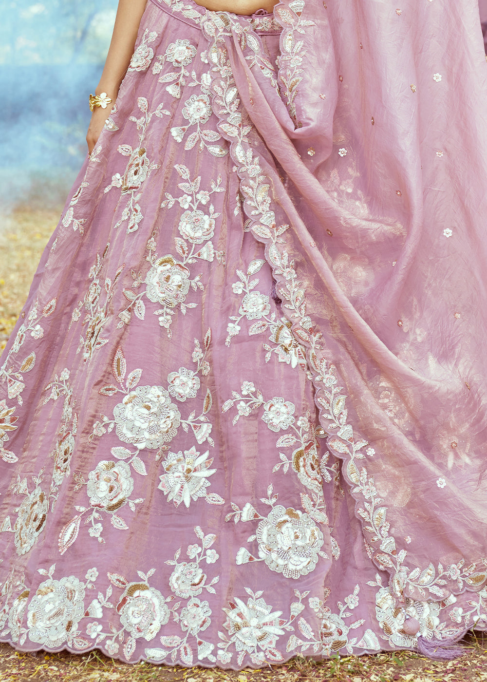 Lavender Purple Organza Lehenga Choli with Delicate Sequins Detailing