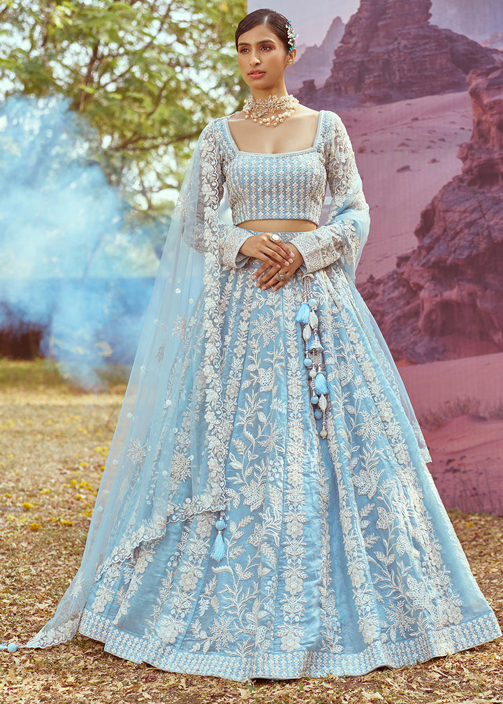 Sky Blue Organza Lehenga Choli with Delicate Sequins Detailing