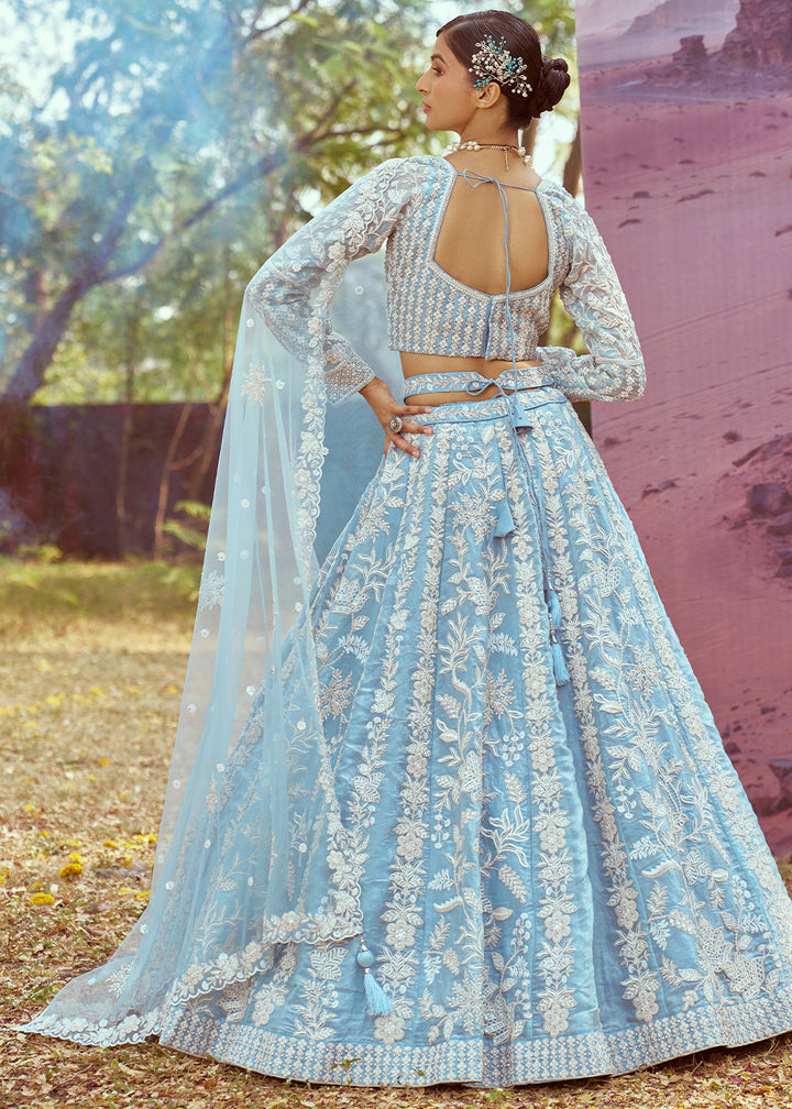 Sky Blue Organza Lehenga Choli with Delicate Sequins Detailing