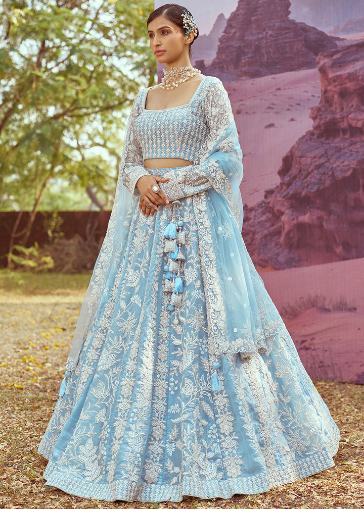 Sky Blue Organza Lehenga Choli with Delicate Sequins Detailing