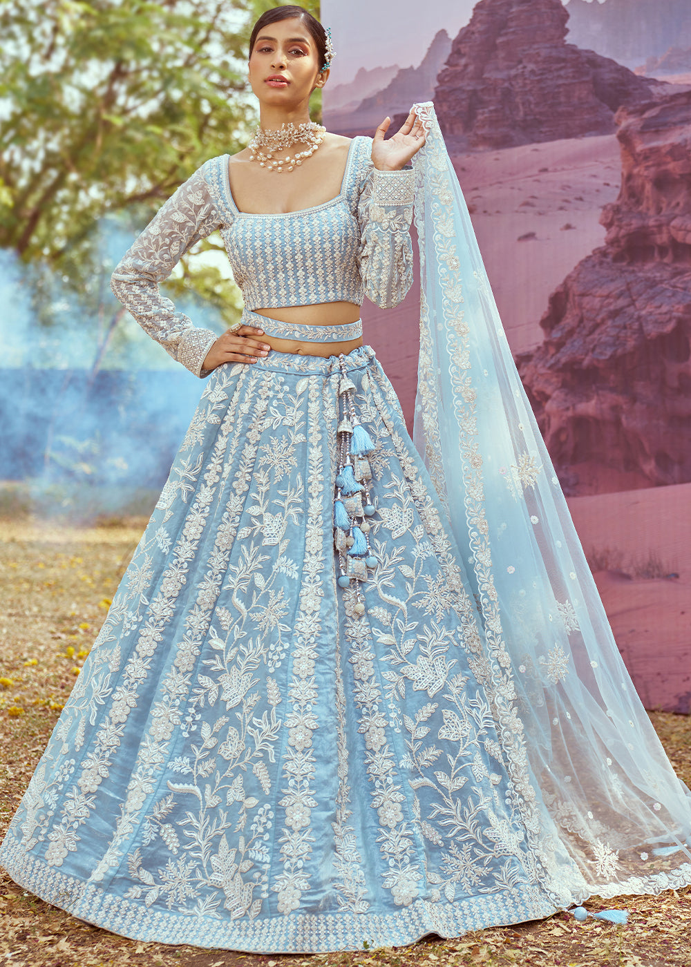 Sky Blue Organza Lehenga Choli with Delicate Sequins Detailing