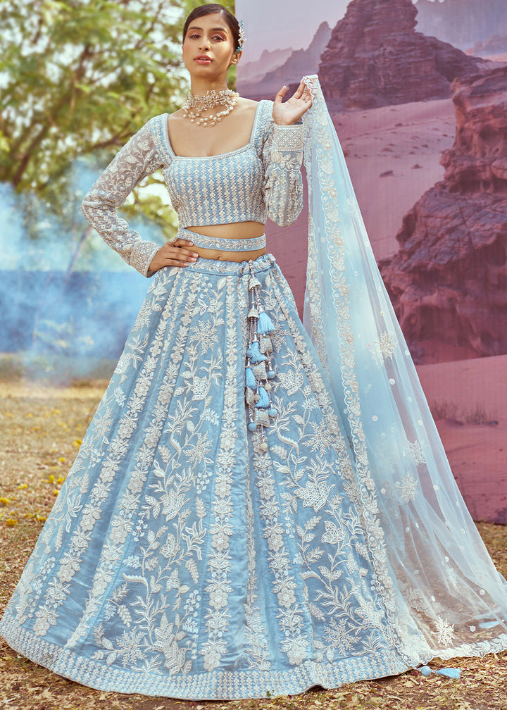 Sky Blue Organza Lehenga Choli with Delicate Sequins Detailing