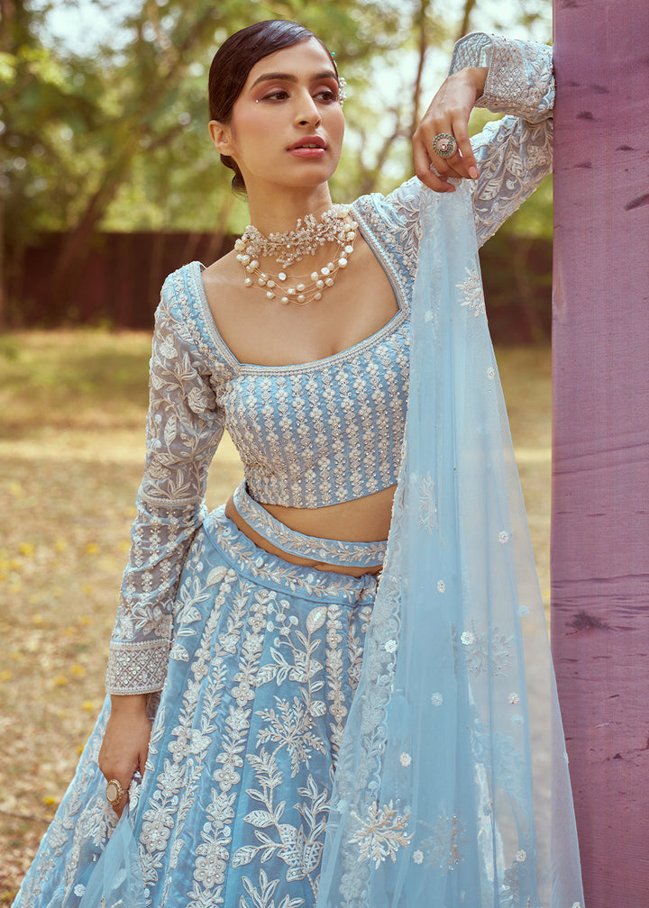 Sky Blue Organza Lehenga Choli with Delicate Sequins Detailing