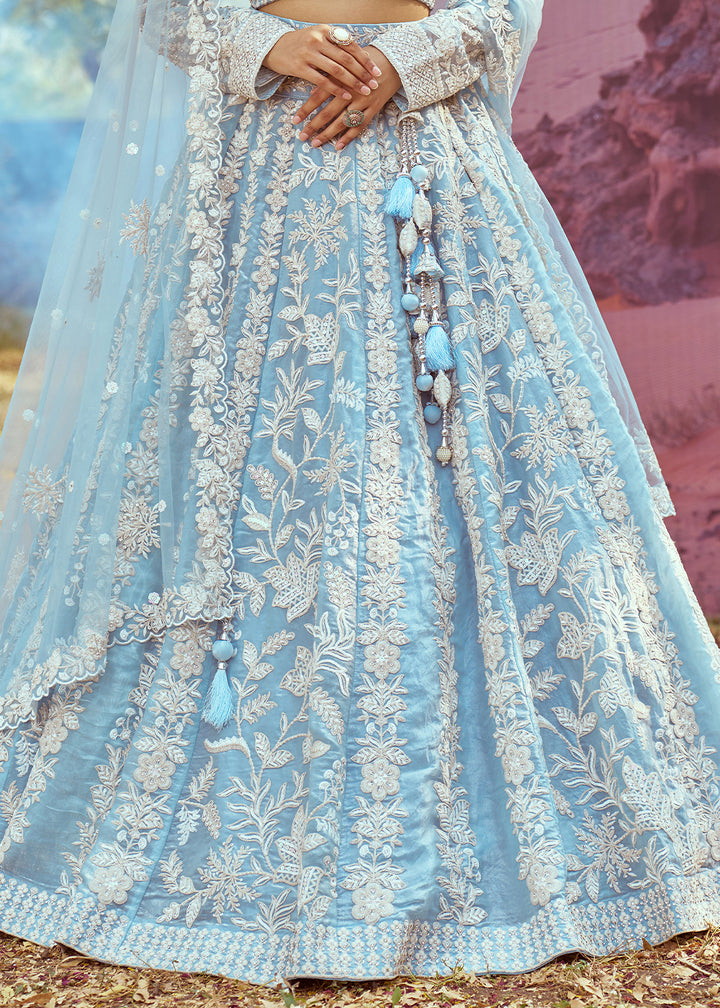 Sky Blue Organza Lehenga Choli with Delicate Sequins Detailing