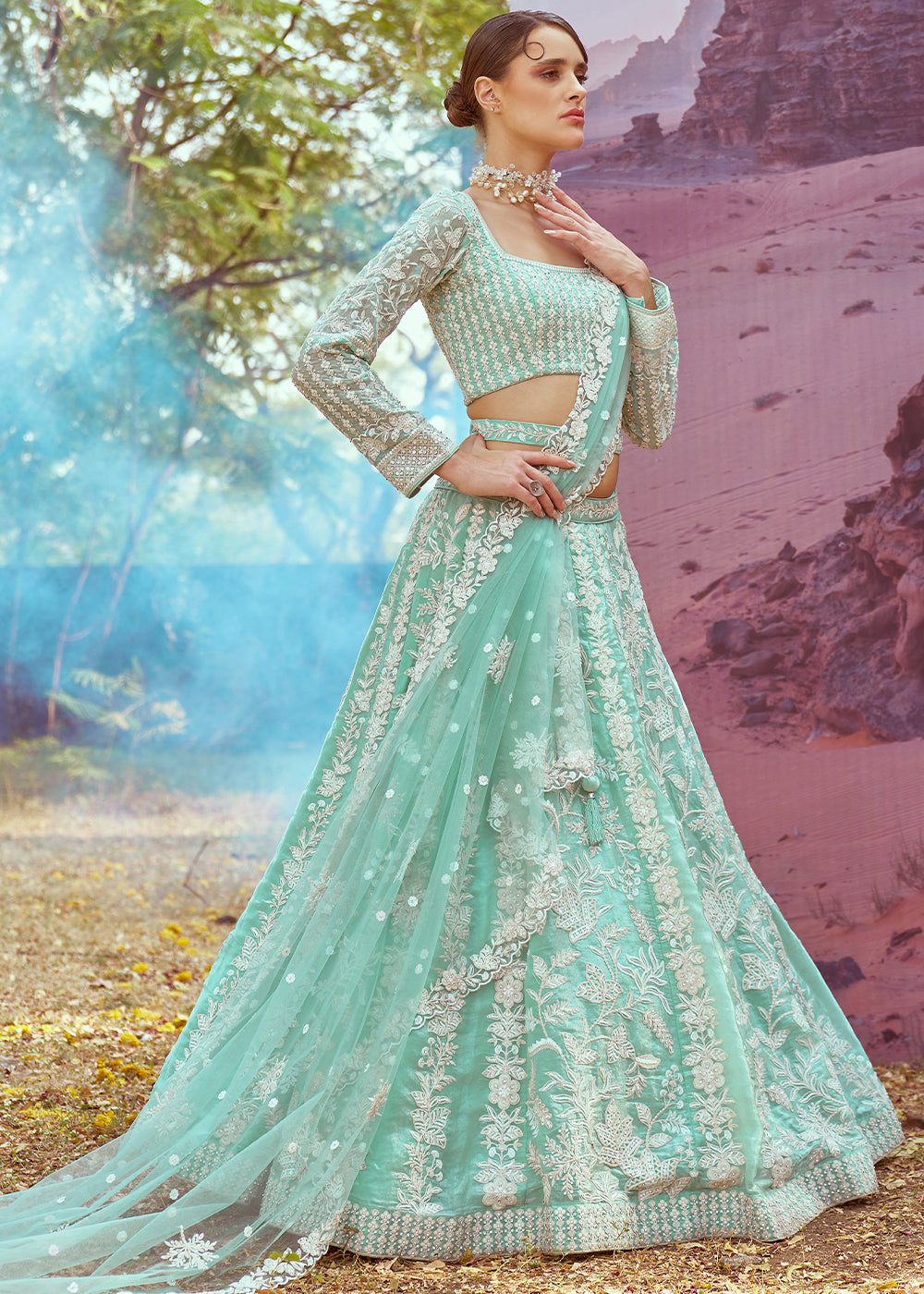 Sea Green Organza Lehenga Choli with Delicate Sequins Detailing