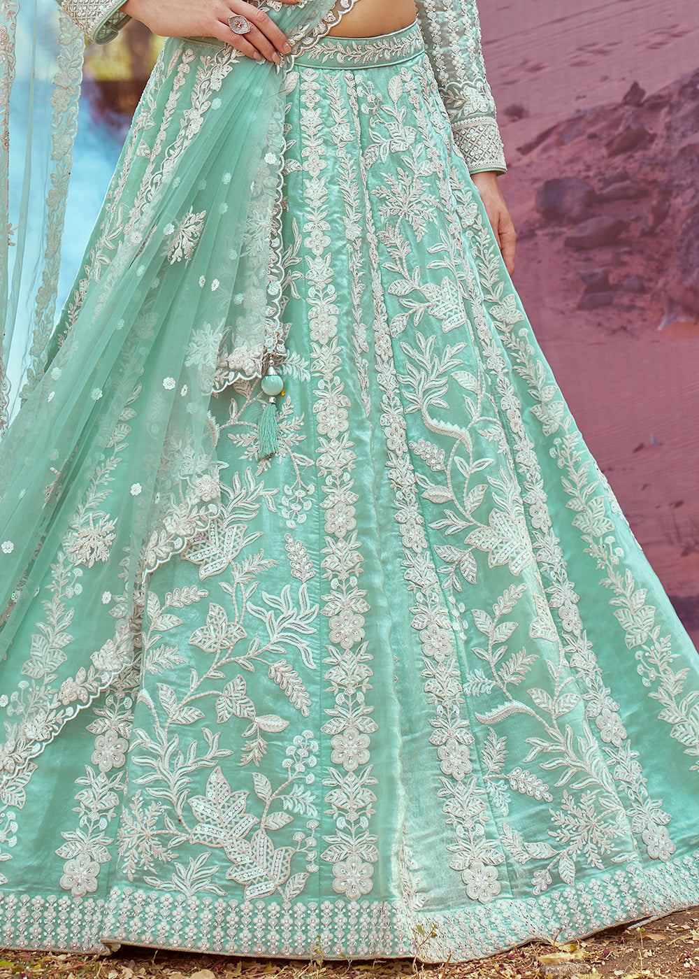 Sea Green Organza Lehenga Choli with Delicate Sequins Detailing