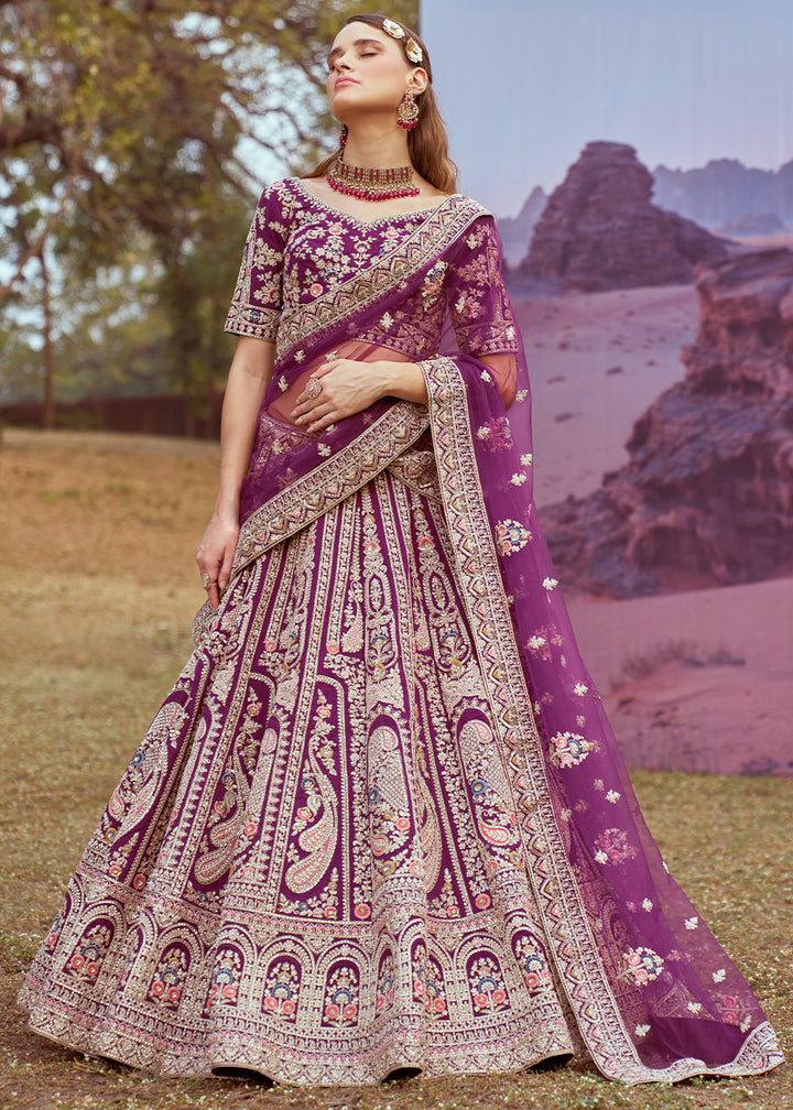 Byzantine Purple Silk Bridal Lehenga Choli with Embroidered Beads & Stones