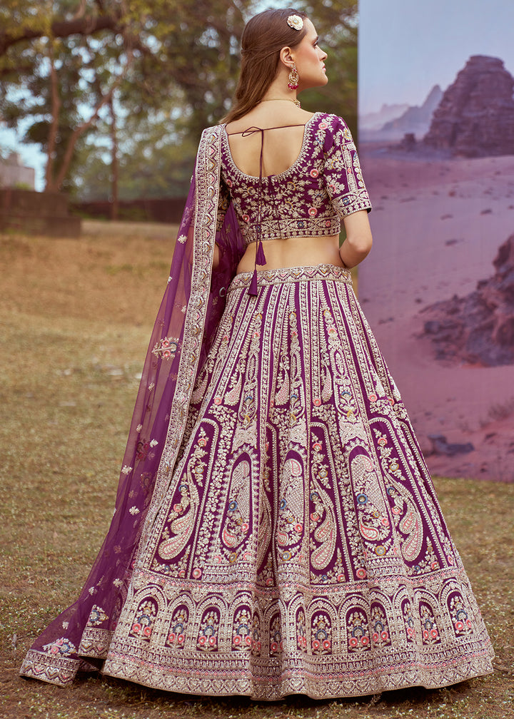 Byzantine Purple Silk Bridal Lehenga Choli with Embroidered Beads & Stones