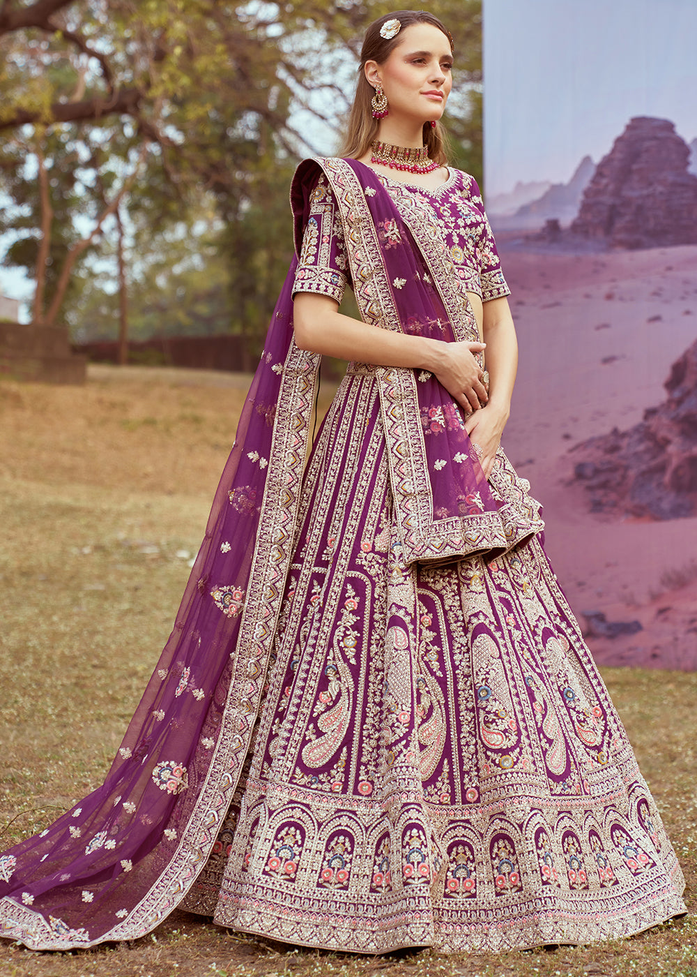 Byzantine Purple Silk Bridal Lehenga Choli with Embroidered Beads & Stones