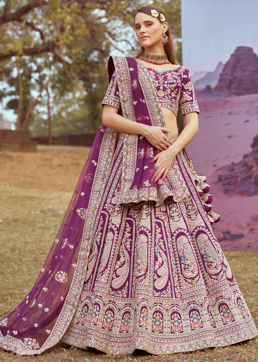 Byzantine Purple Silk Bridal Lehenga Choli with Embroidered Beads & Stones