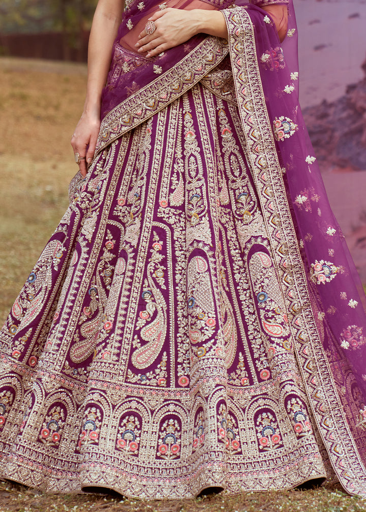 Byzantine Purple Silk Bridal Lehenga Choli with Embroidered Beads & Stones