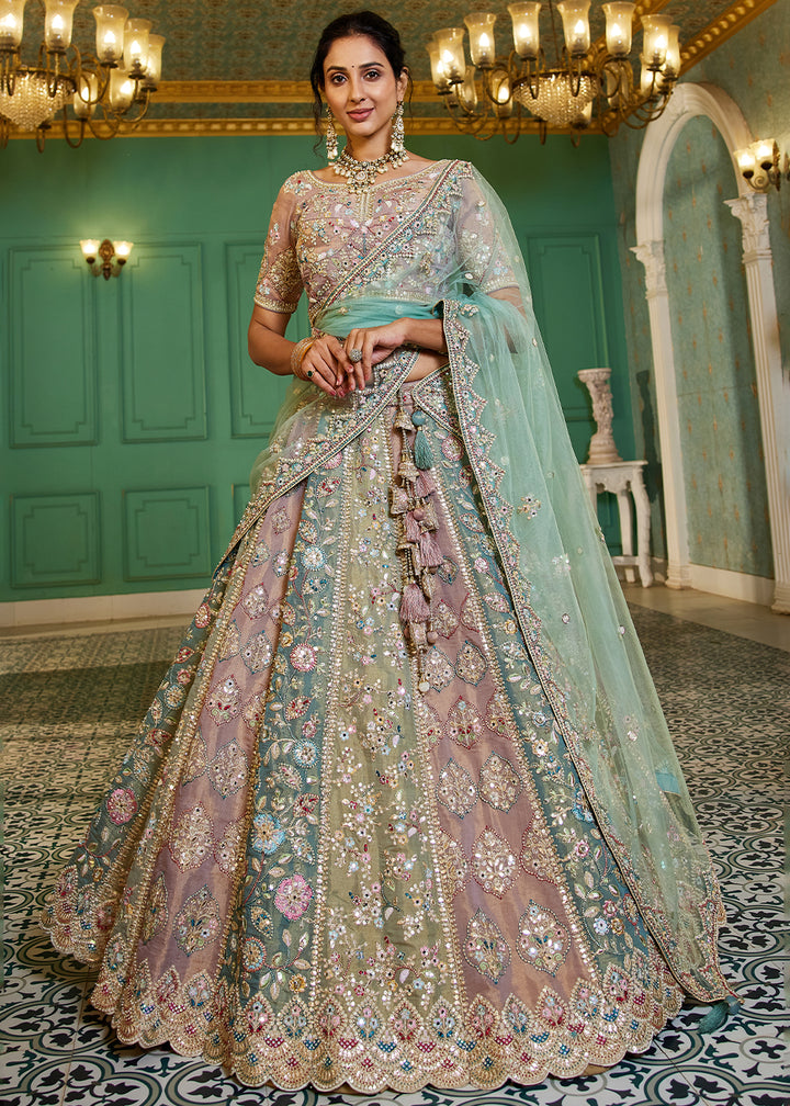 Blue & Pink Designer Net Lehenga Choli with Exquisite Moti & Gotapatti Work