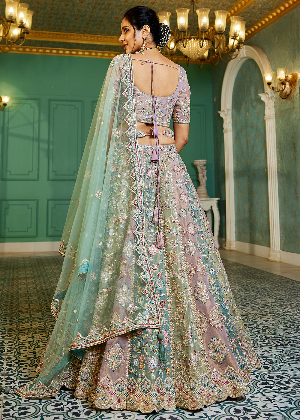 Blue & Pink Designer Net Lehenga Choli with Exquisite Moti & Gotapatti Work