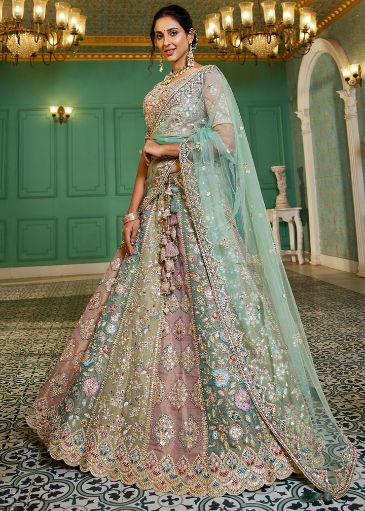 Blue & Pink Designer Net Lehenga Choli with Exquisite Moti & Gotapatti Work