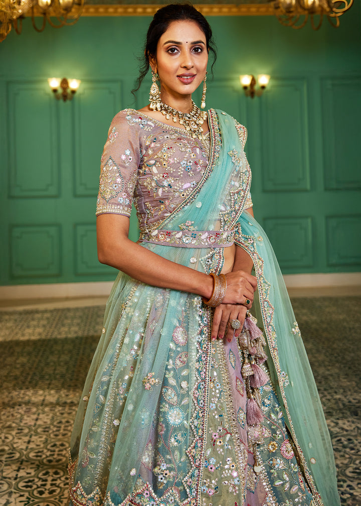 Blue & Pink Designer Net Lehenga Choli with Exquisite Moti & Gotapatti Work