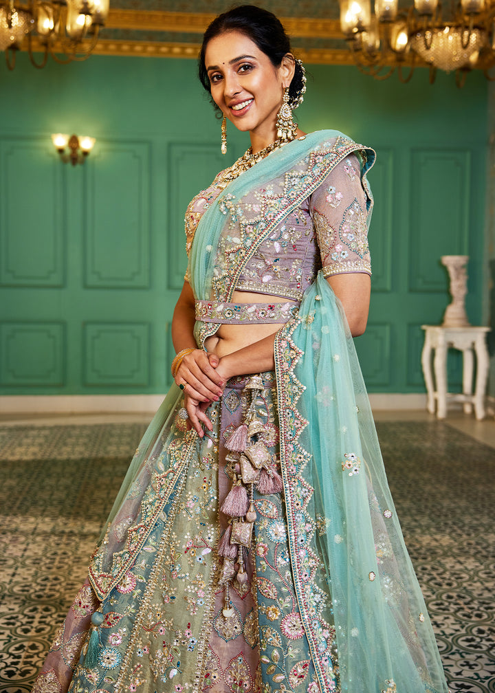 Blue & Pink Designer Net Lehenga Choli with Exquisite Moti & Gotapatti Work