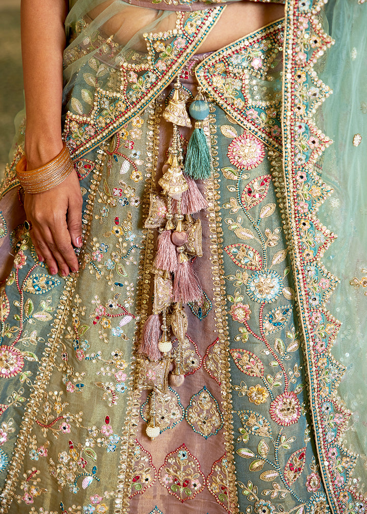 Blue & Pink Designer Net Lehenga Choli with Exquisite Moti & Gotapatti Work