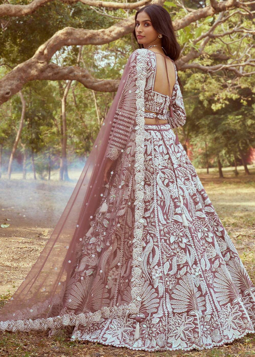 Rose Gold Satin Lehenga Choli with Intricate Sequins Embellishments