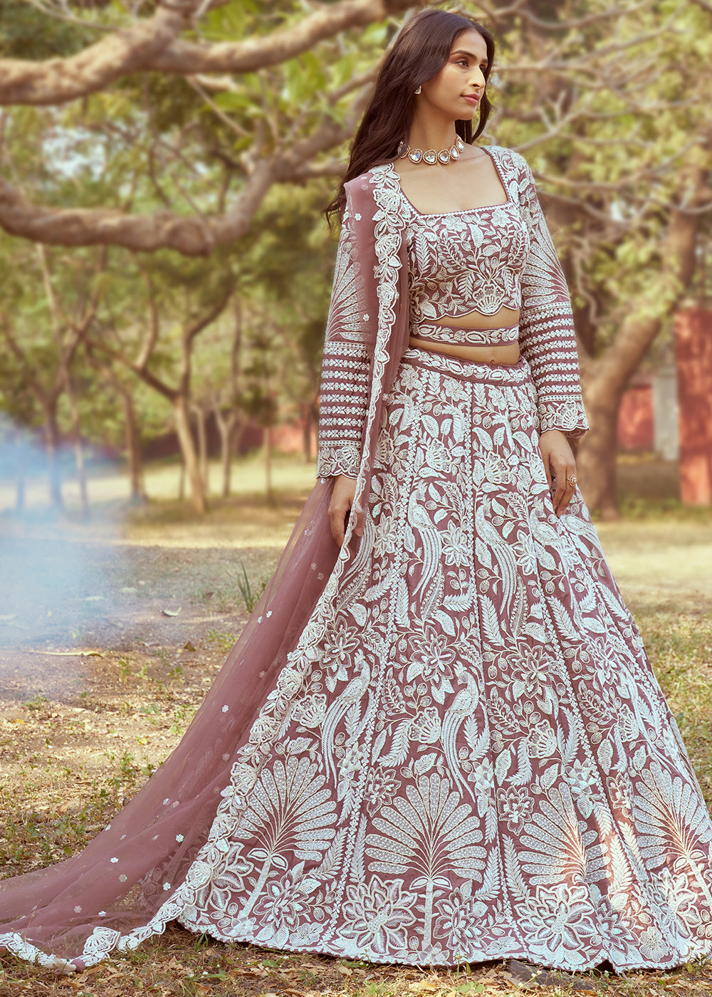 Rose Gold Satin Lehenga Choli with Intricate Sequins Embellishments