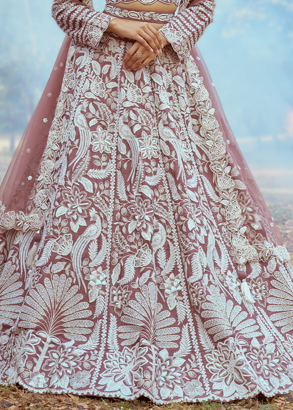 Rose Gold Satin Lehenga Choli with Intricate Sequins Embellishments