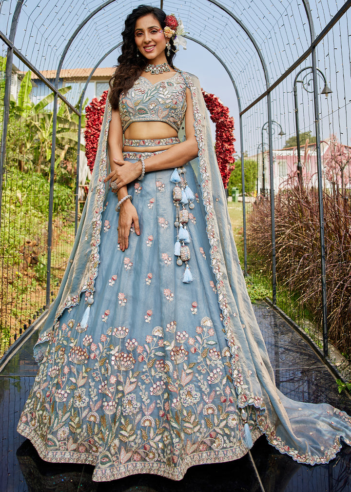 Carolina Blue Designer Tissue Lehenga Choli with Exquisite Sequins & Thread Embroidery Work