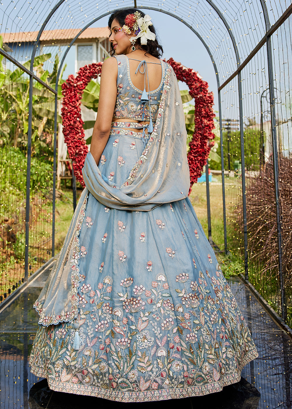 Carolina Blue Designer Tissue Lehenga Choli with Exquisite Sequins & Thread Embroidery Work