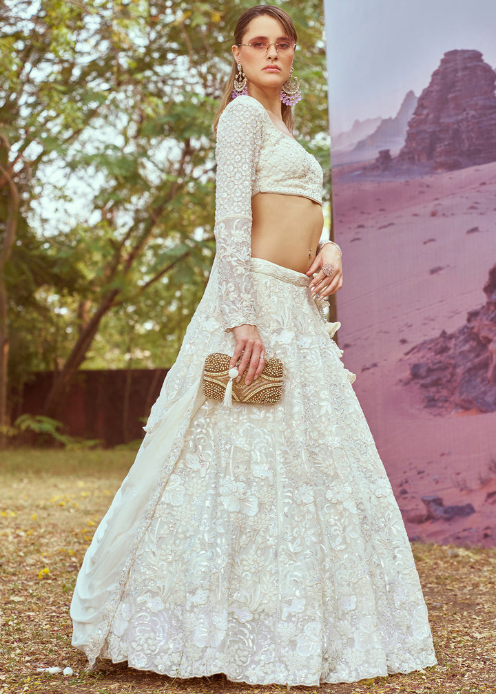 Cream White Georgette Lehenga Choli Adorned with Beads & Sparkling Stones