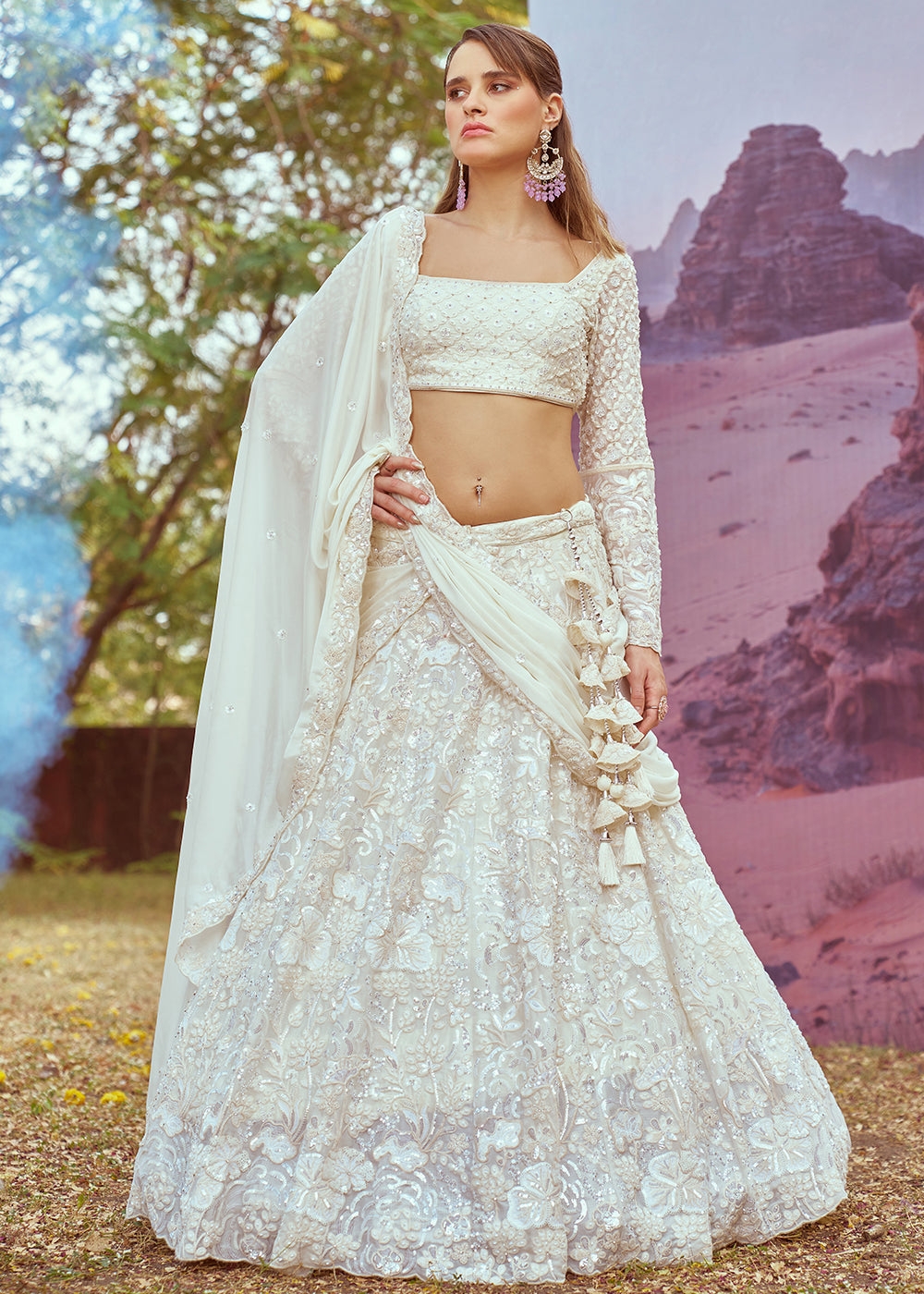 Cream White Georgette Lehenga Choli Adorned with Beads & Sparkling Stones