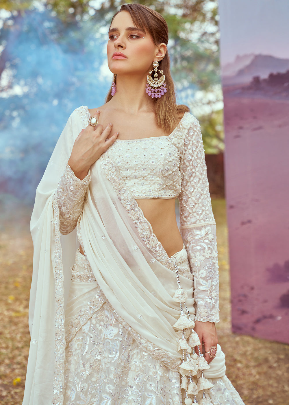 Cream White Georgette Lehenga Choli Adorned with Beads & Sparkling Stones