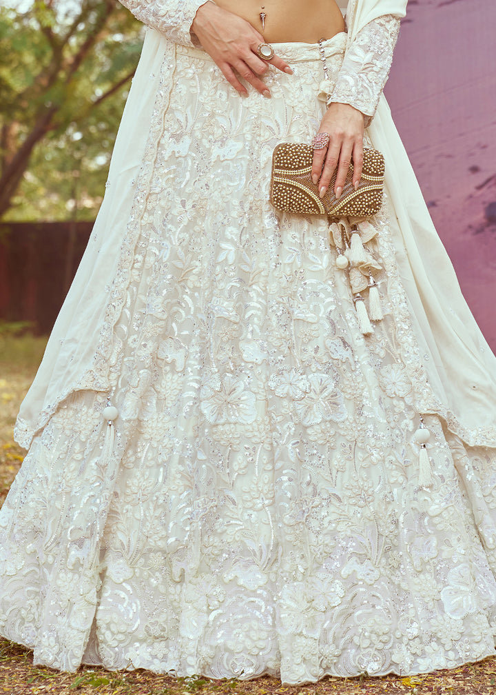 Cream White Georgette Lehenga Choli Adorned with Beads & Sparkling Stones