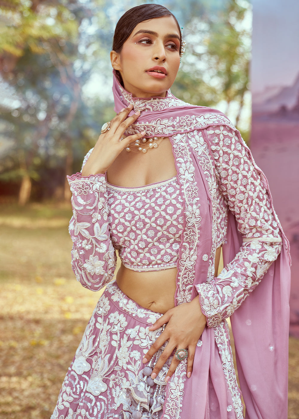 Lavender Purple Georgette Lehenga Choli Adorned with Beads & Sparkling Stones