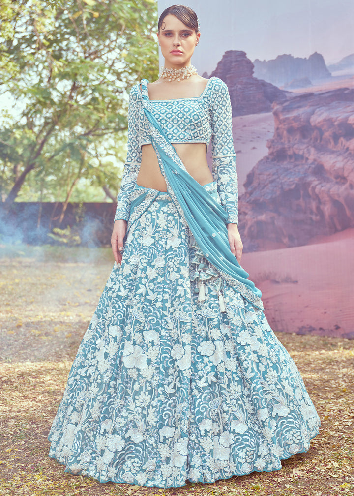 Pacific Blue Georgette Lehenga Choli Adorned with Beads & Sparkling Stones