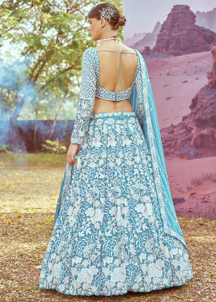 Pacific Blue Georgette Lehenga Choli Adorned with Beads & Sparkling Stones