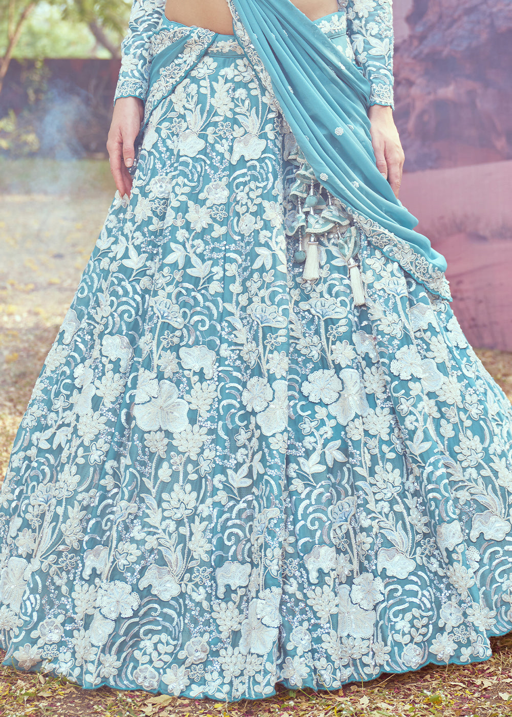 Pacific Blue Georgette Lehenga Choli Adorned with Beads & Sparkling Stones