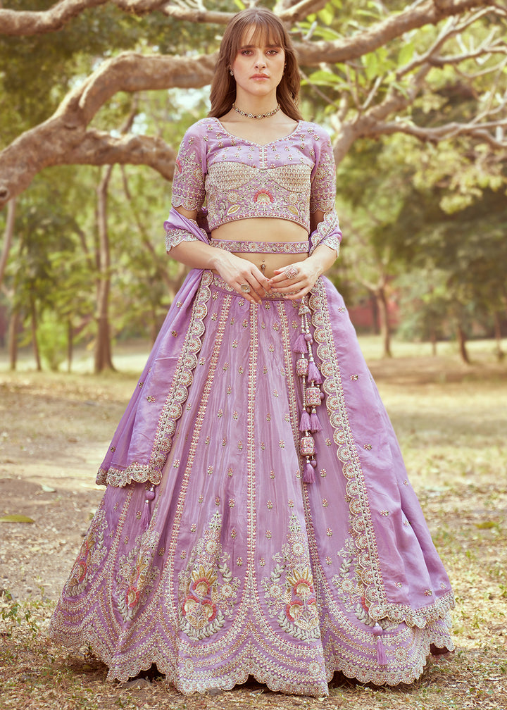 Lilac Purple Lehenga Choli in Crushed Tissue with Charming Embroidery Work