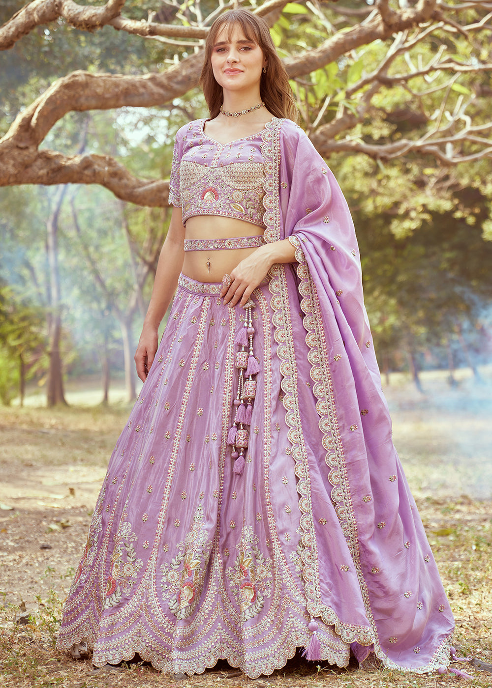 Lilac Purple Lehenga Choli in Crushed Tissue with Charming Embroidery Work