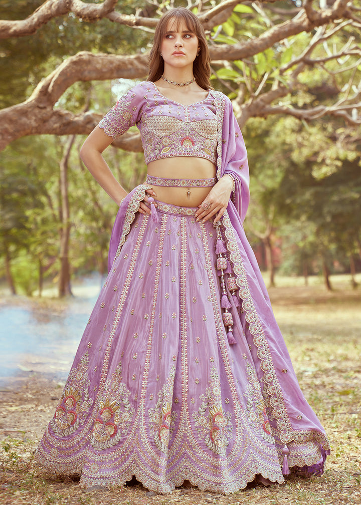 Lilac Purple Lehenga Choli in Crushed Tissue with Charming Embroidery Work