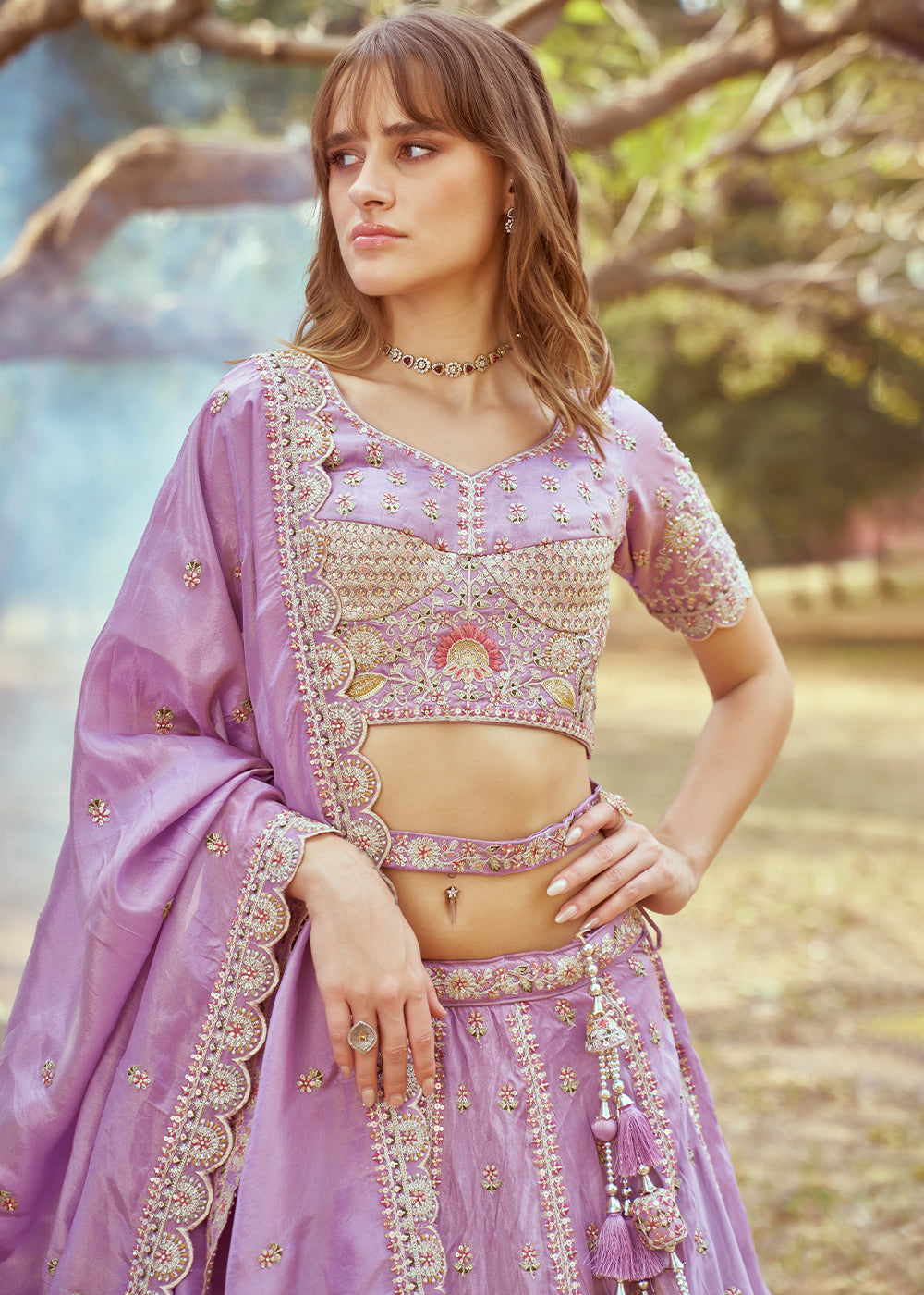 Lilac Purple Lehenga Choli in Crushed Tissue with Charming Embroidery Work