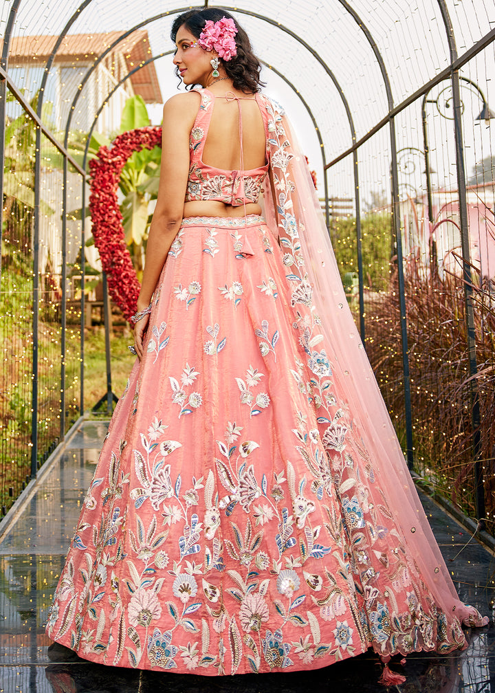 Peach Pink Net Lehenga Choli Adorned with Sequins & Thread Embroidery work