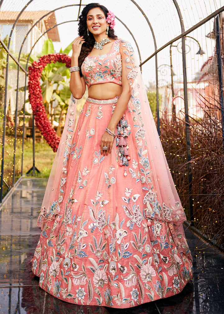 Peach Pink Net Lehenga Choli Adorned with Sequins & Thread Embroidery work