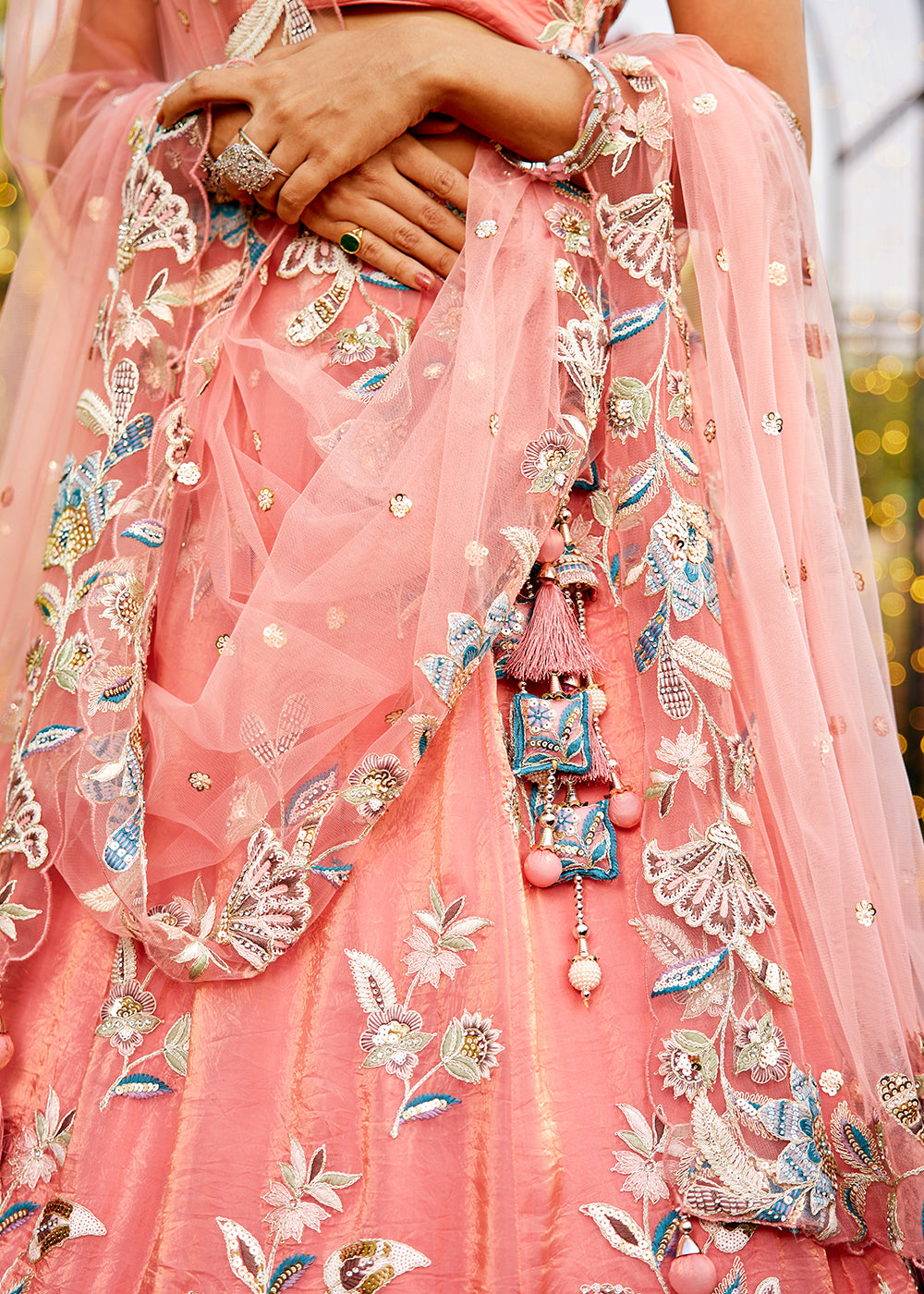 Peach Pink Net Lehenga Choli Adorned with Sequins & Thread Embroidery work