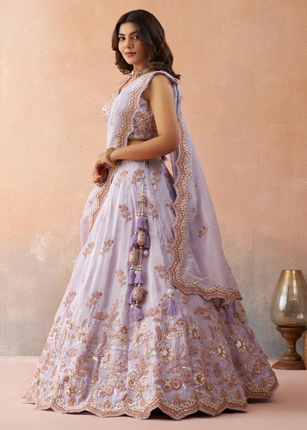 Light Purple Tissue Lehenga Choli with Floral & Sequin Embroidery