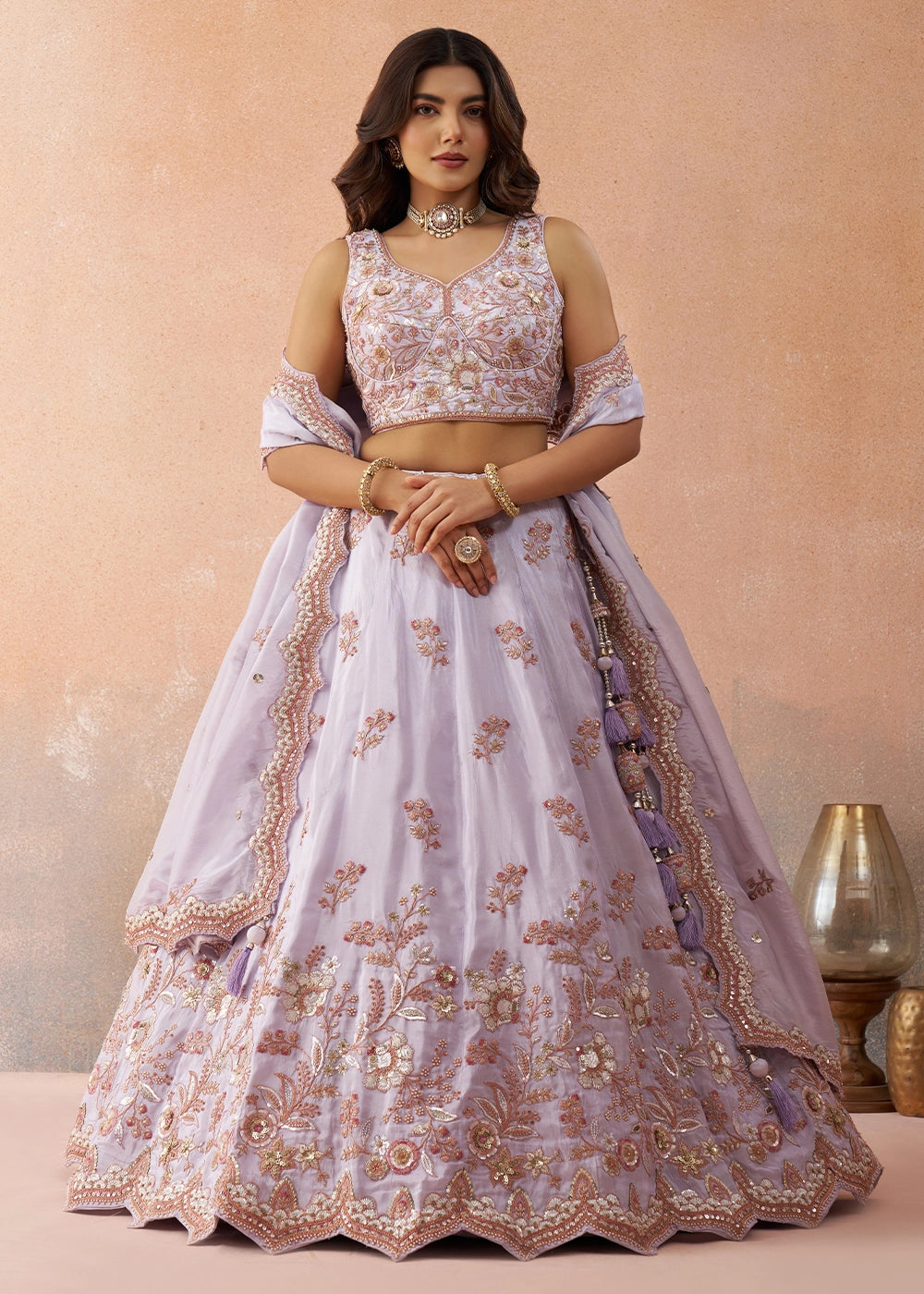 Light Purple Tissue Lehenga Choli with Floral & Sequin Embroidery