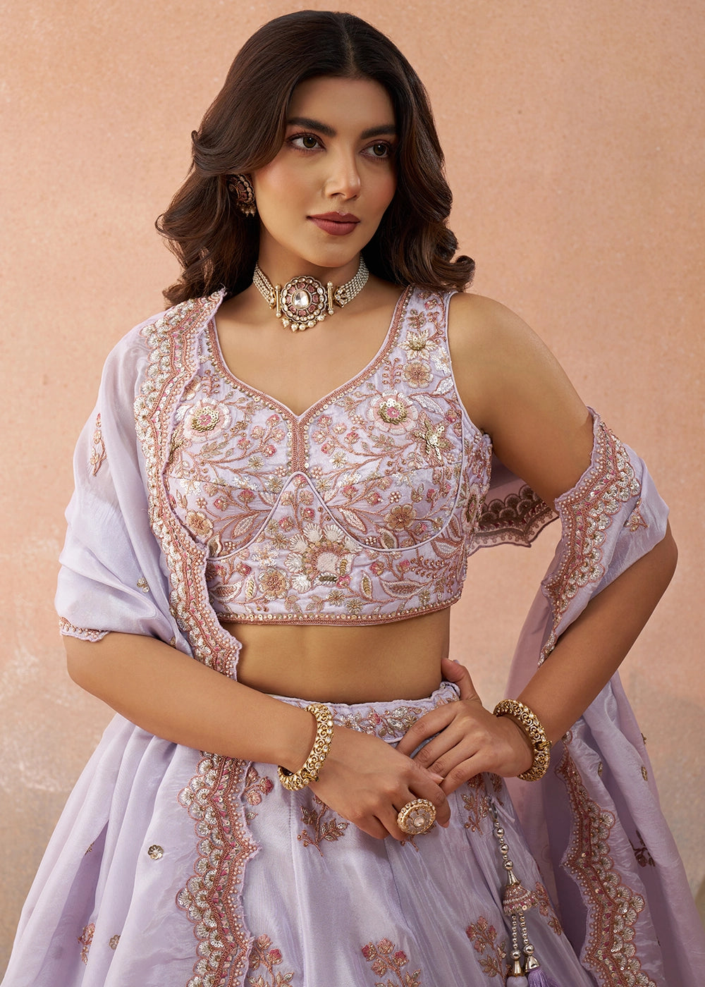 Light Purple Tissue Lehenga Choli with Floral & Sequin Embroidery