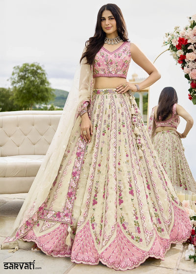 Parchment White Tissue Lehenga Choli with Handcrafted Floral & Sequin Work