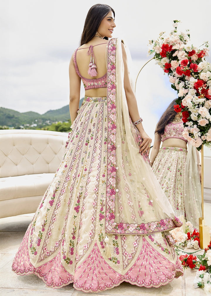 Parchment White Tissue Lehenga Choli with Handcrafted Floral & Sequin Work