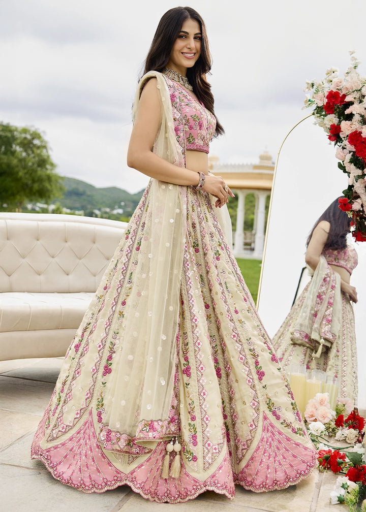 Parchment White Tissue Lehenga Choli with Handcrafted Floral & Sequin Work